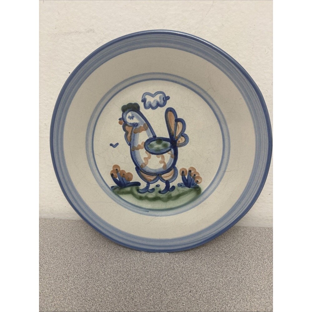 MA Hadley Pottery 9” Luncheon Plate Chicken Vintage Folk Art Blue
